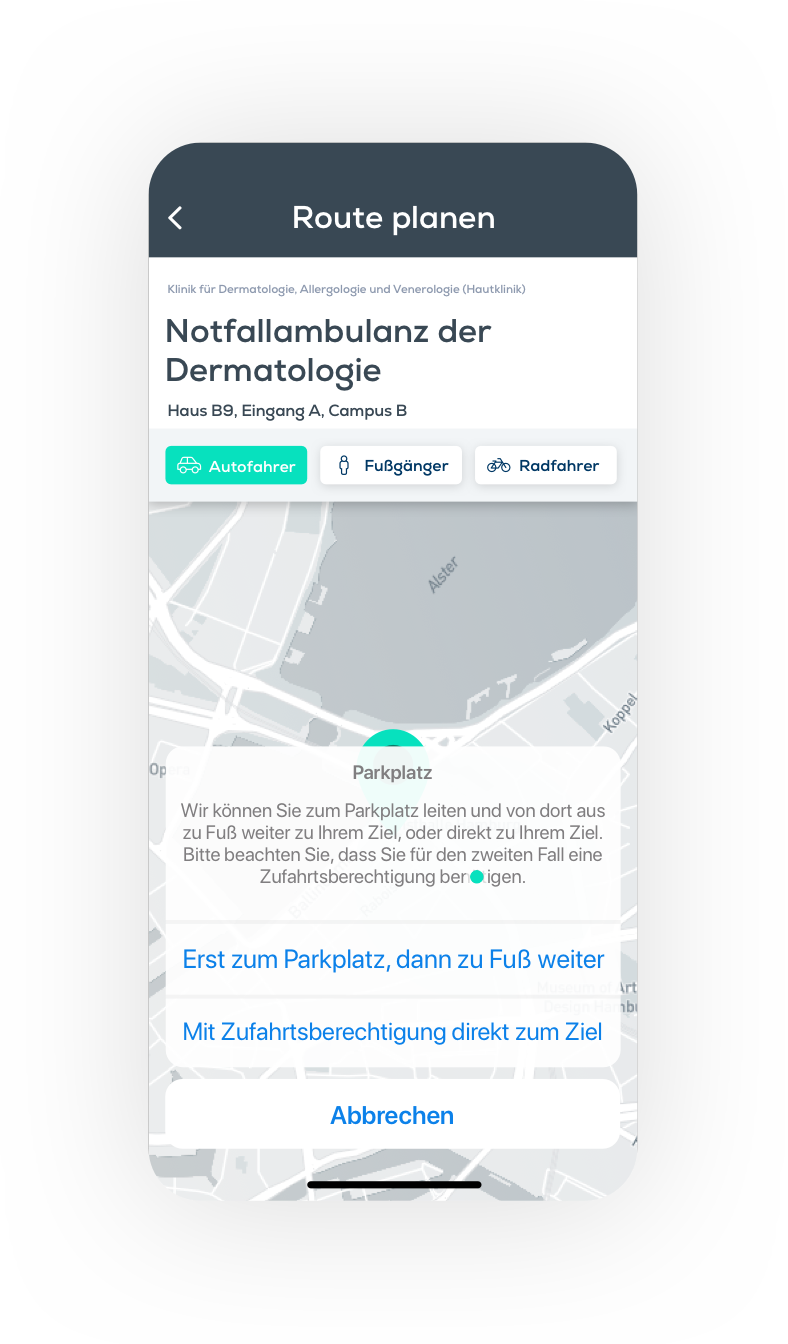 Parking route Outdoor-Navigation, Krankenhaus-App, Klinik App, krankenhausapp